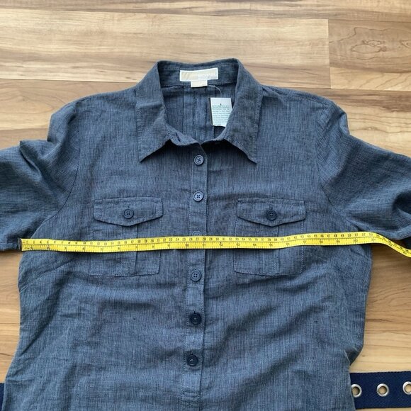 Michael Kors Button Roll Tab Sleeve Shirtdress Blue Size 12 Linen Blend NWT - Picture 2 of 14